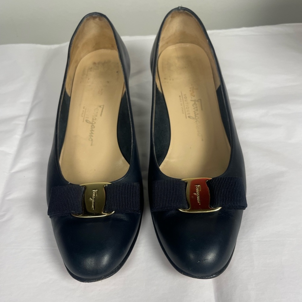 Salvatore Ferragamo Women's Navy Leather Flats with Gold Accent